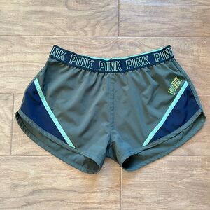 PINK Victoria's Secret Running Shorts Size XS Olive/Lime Green/Black Spell Out